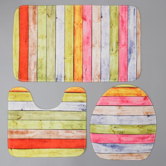 Набор ковриков для ванны и туалета Доляна «Цветные деревяшки», 3 шт: 42×38, 44×38, 44×73 см