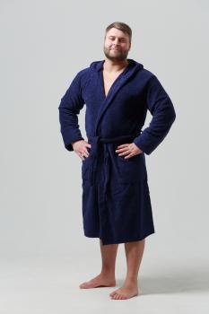 Мужской классический махровый халат с капюшоном (Темно-синий)